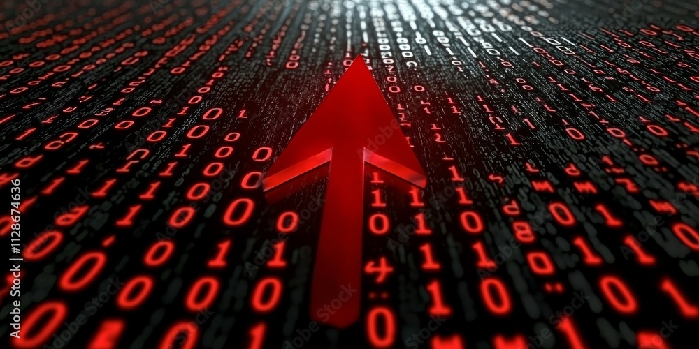 Aufkleber red up arrow on binary code data growth market rise technology success