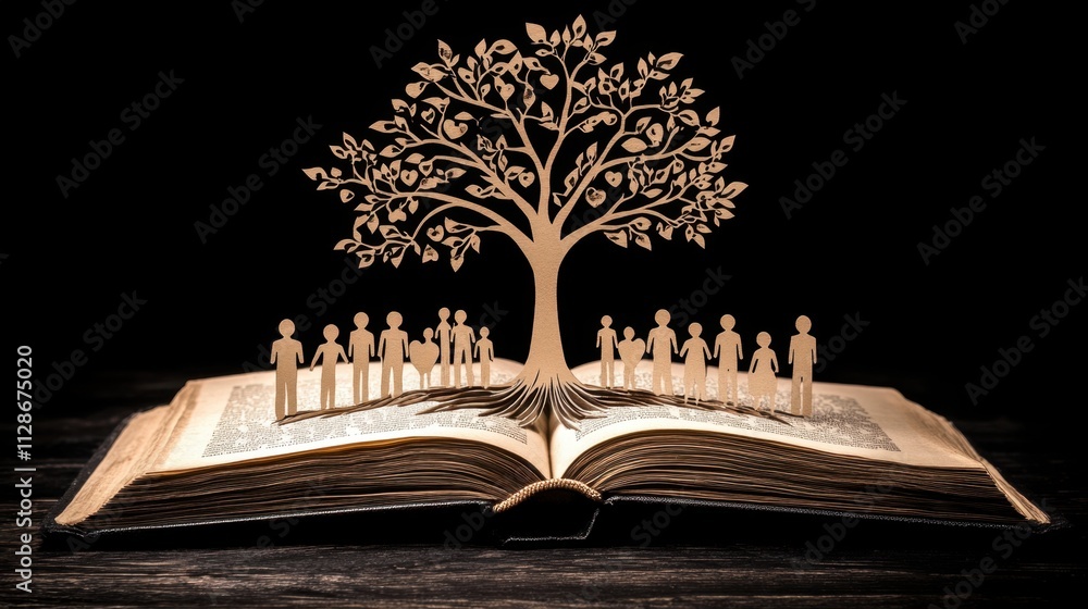 Poster tree of life and human connection with open book background