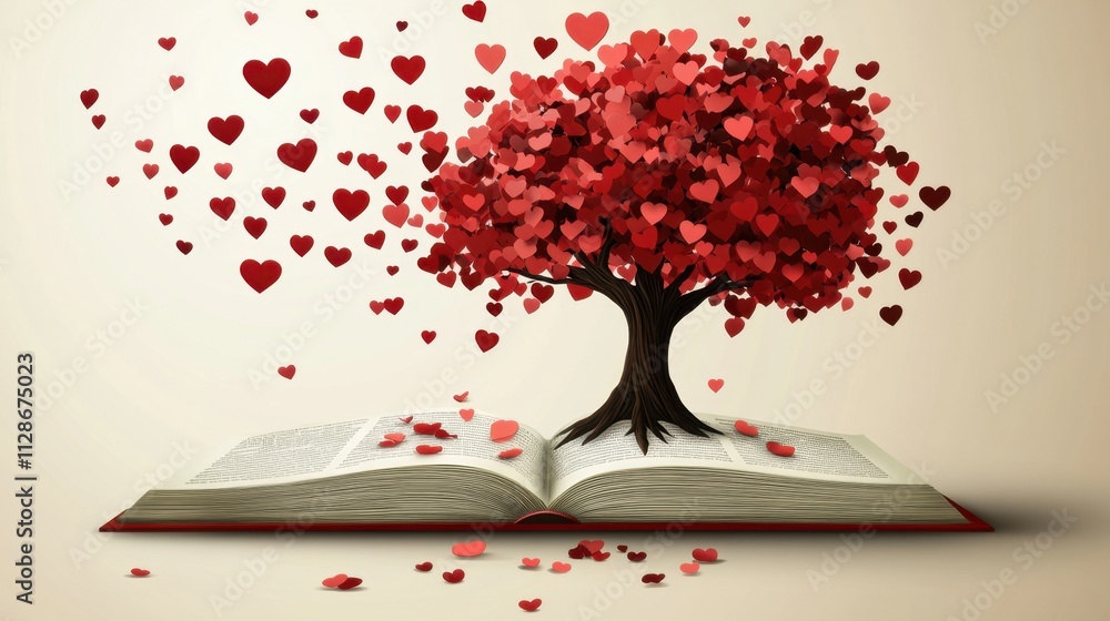 Poster heart-shaped leaves emanate from open book with tree design