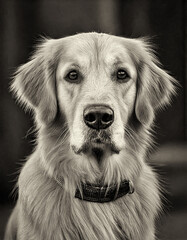 Detailliertes Porträt eines Golden Retrievers mit einem Halsband, der in die Kamera blickt, sepia getönt