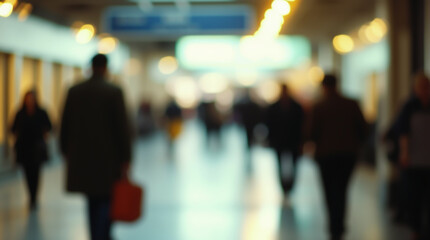 A hallway inside a building with shop windows and blurred figures of people in motion