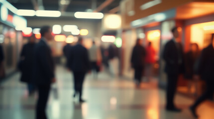 Blurred silhouettes of people in a spacious shopping hall lit by soft light, with shops visible in the background