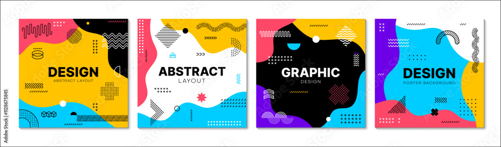 Aufkleber Abstract geometric memphis banners with vector line graphic pattern background. Simple geometric shapes made of modern minimal line patterns with dots, waves and crosses, memphis banners or covers