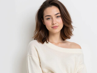 Obraz premium Confident young woman in a stylish cream sweater.