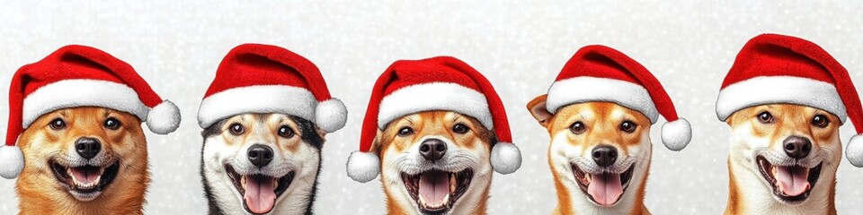 Shiba Inus in Santa Claus Hats Christmas Panorama Set Collection on White Background Festive Environment Playful Concept