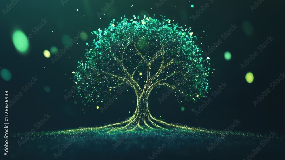Poster glowing tree with leaves in dark environment for nature concepts