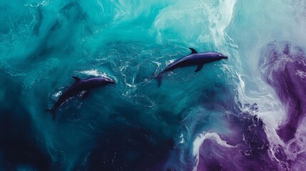 Naklejka premium Two Dolphins Swimming in Teal and Purple Ocean Waters