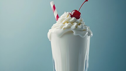 Creamy milkshake topped with whipped cream and a cherry, a classic sweet treat.
