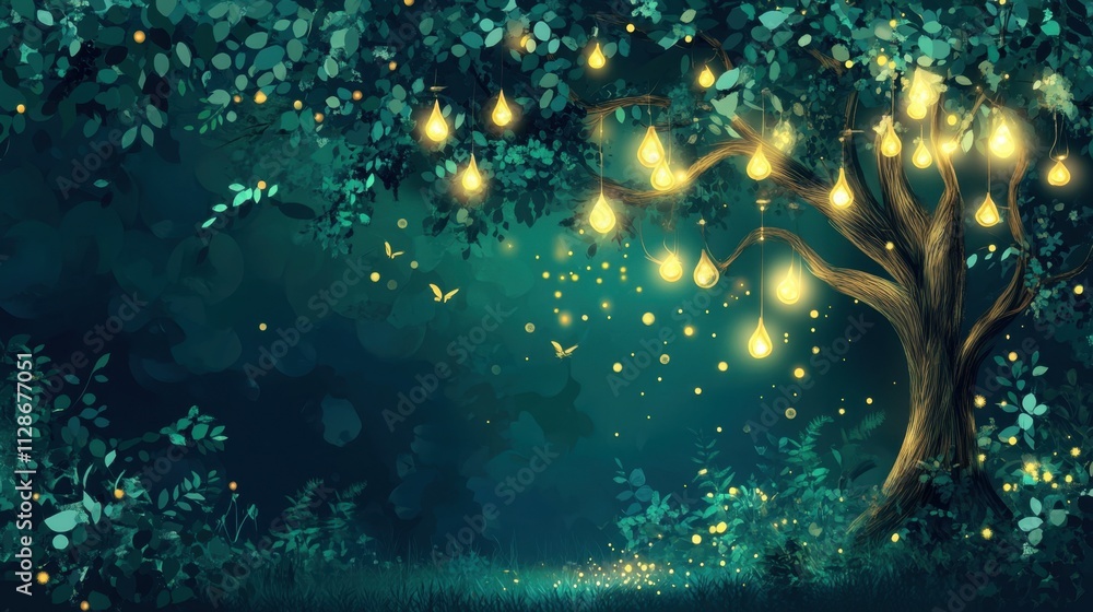 Poster enchanted tree with glowing lanterns in a mystical forest scene