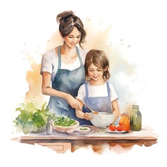 Mother and child preparing a healthy meal together in watercolor