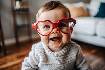 A cute little girl in stylish red heart-shaped glasses, having fun celebrating Valentine's Day.