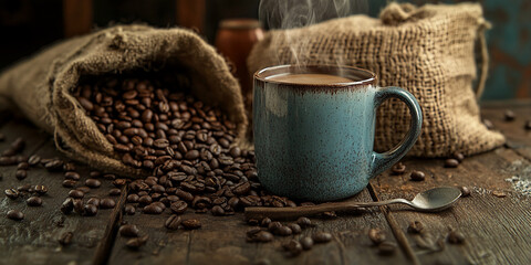 Warm coffee cup surrounded by coffee beans and burlap sacks on rustic wooden table in a cozy setting