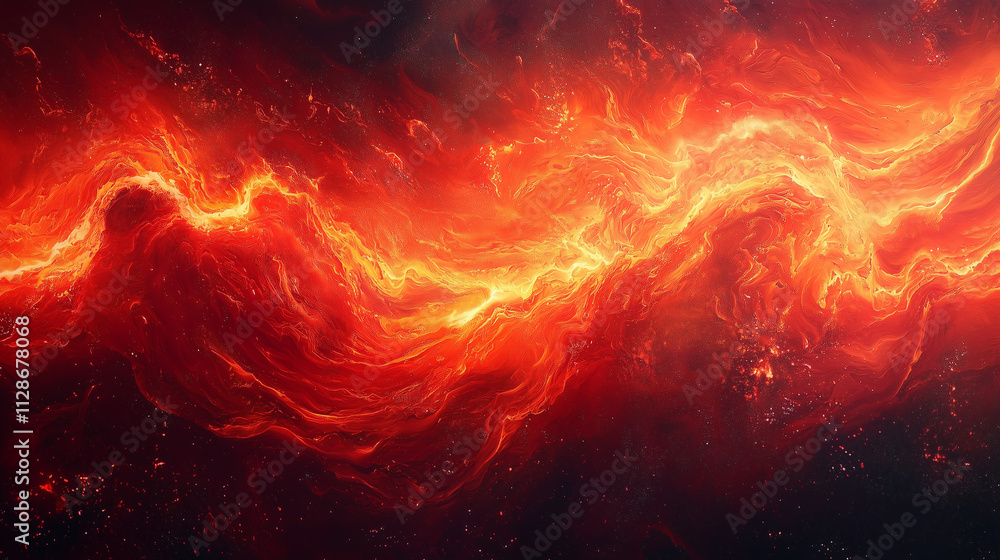 Sticker fiery red and orange abstract resembling molten lava flows and glowing embers in dynamic motion