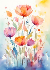 Watercolor flowers growing in a colorful garden for mothers day