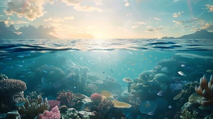 Fototapeta premium A beautiful view of the seabed during the day, with lots of coral and sea animals swimming, depicting a peaceful atmosphere.