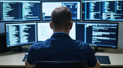 Fototapeta premium Programmer Working on Multiple Monitors, Software Development