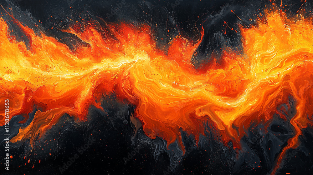 Sticker abstract portrayal of a fiery explosion with vibrant orange and black textures flowing dynamically