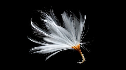 delicate white feather with intricate details and vibrant orange base, floating gracefully against black background
