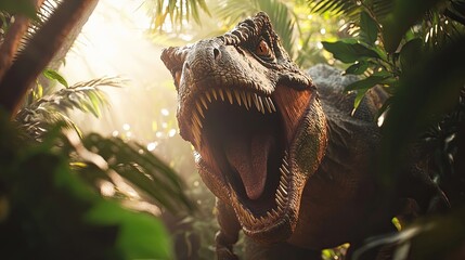 A fearsome Tyrannosaurus Rex emerges from a lush jungle, its jaws open in a ferocious roar. Sunlight filters through the leaves, casting a dramatic glow on the dinosaur's scales.