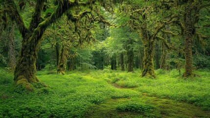 Old forest with twisted trees and hanging moss, thick ground cover, a sense of mystery