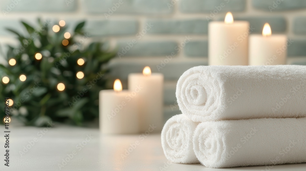 Poster rolled white towels and lit candles creating relaxing spa ambiance