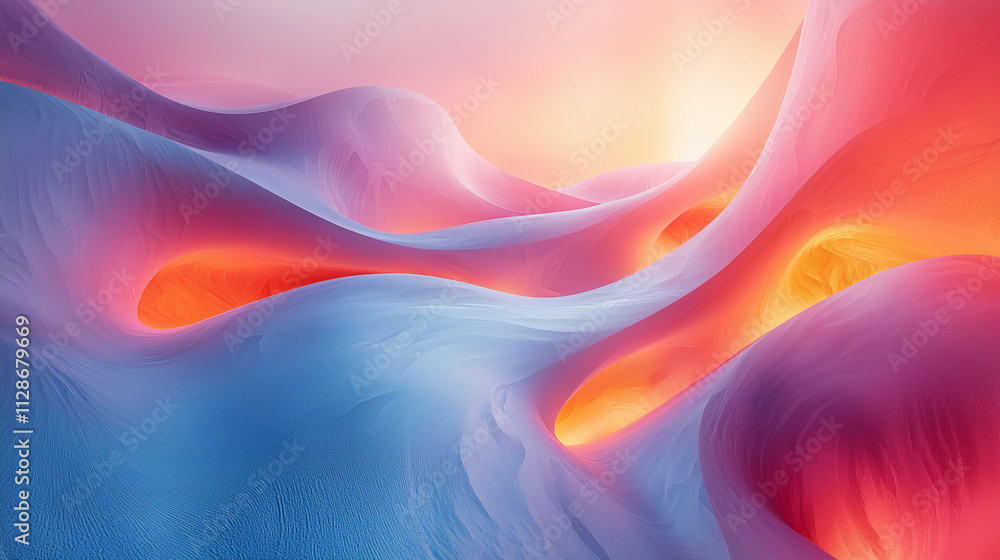 Wall mural tranquil scene with glowing gradients of pink and blue, creating a soft, flowing abstract visualizat