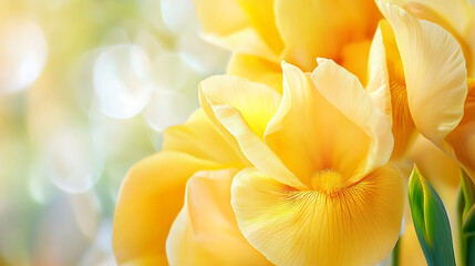Obraz premium vibrant close up of yellow iris flowers showcasing their delicate petals and bright colors, evoking sense of joy and beauty