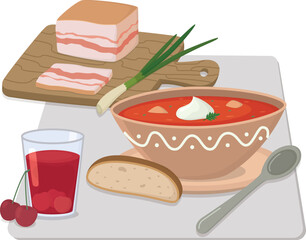 Still life with Ukrainian dishes for lunch. Red borscht with sour cream and bread, salted lard with onions and cherry compote