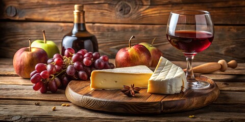 A rustic still life with a glass of red wine, creamy cheese, ripe fruit, and a hint of spice, capturing the essence of a simple yet elegant gathering.