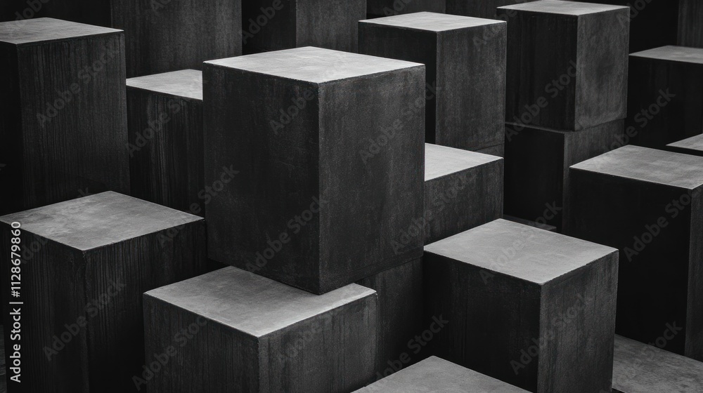 Poster monochromatic abstract image of stacked dark gray cubes, creating a geometric pattern.