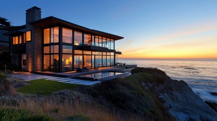 Obraz premium Modern Oceanfront Glass Mansion at Sunset