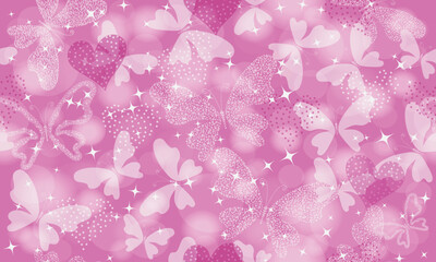 Vector spring valentine rose seamless hand drawn pattern with butterflies, stars,hearts and bokeh