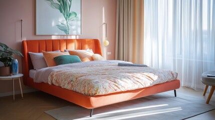 Obraz premium Sunlit Orange Bedroom Interior Design - Modern Chic