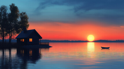 Peaceful LakeA serene, digitally illustrated scene of a tranquil lakeside cabin at sunset.side Cabin at Sunset, Digitally Illustrated. 