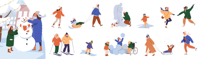 Set of people doing winter activities. Kids play snowballs, family builds snowman, couples walking, ice skating. Characters skiing, making ice sculpture in snow weather. Flat vector illustration.