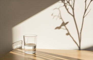 A quiet café corner featuring an empty wooden table softly lit by natural sunlight