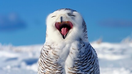 A snowy owl yawning which looks like its laughing. The owl is sitting in the snow and set against a blue sky. Snowy owls, bubo scandiacus, are a protected species and one of the largest owls. This 