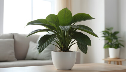 Green houseplant in white pot on table