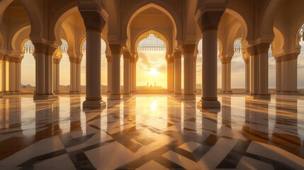 Obraz premium Majestic Sunrise Through Arched Columns in Marble Hall Setting