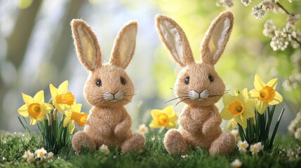 Obraz premium Two Fluffy Easter Bunnies in Spring Meadow
