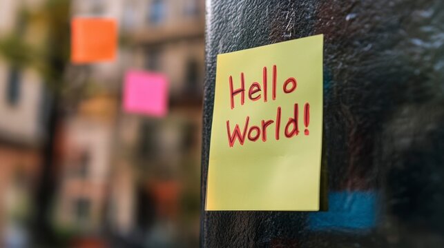 Yellow Sticky Note "Hello World!" on Dark Metal Surface, City Background