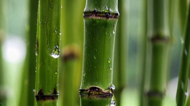 Slow motion of rain water drops dripping on bio organic green bamboo stems used natural renewable sustainable energy resource, eco friendly building material, vegetarian food and medicine ingredient.