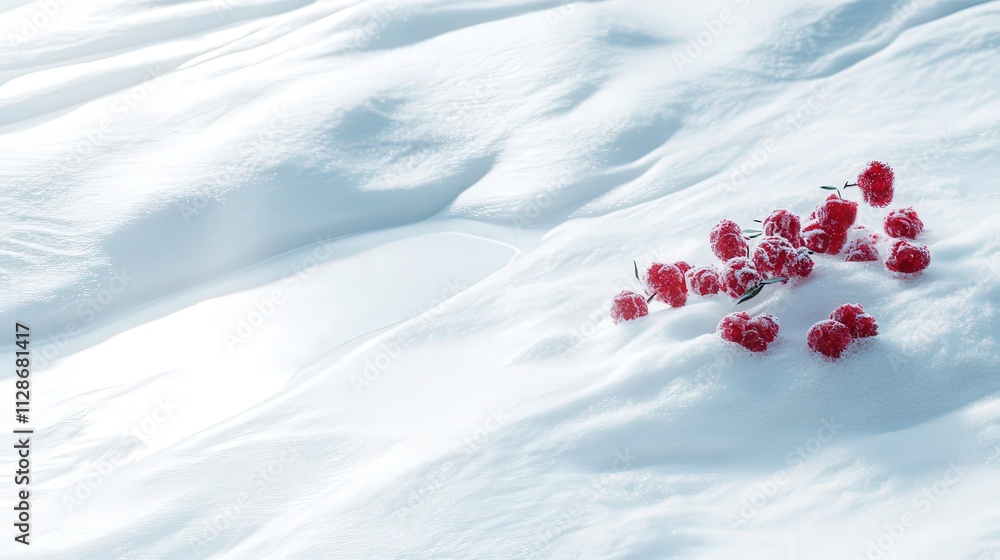 Poster fresh raspberries embedded in snowy landscape creating a stunning contrast of color and texture in a