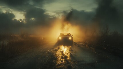 Fototapeta premium Car Driving Through Foggy Swamp Road At Dusk