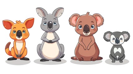 Fototapeta premium A cartoon kangaroo and three cartoon koalas.