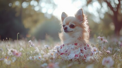 Longhaired Chihuahua Puppy in Floral Dress Posing in Flower Field
