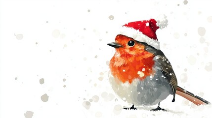 Festive Robin in Santa Hat on Snowy Background - Winter Holiday Clipart