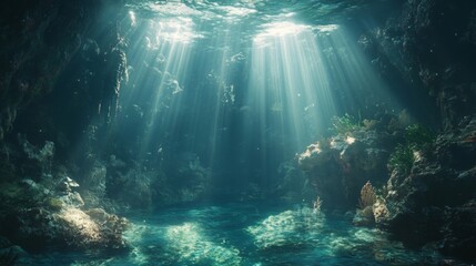 Obraz premium Sunbeams Illuminate Underwater Cave Seabed Scene