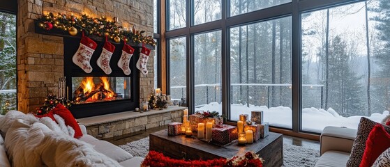 A cozy living room with large windows, a fireplace, and Christmas decorations