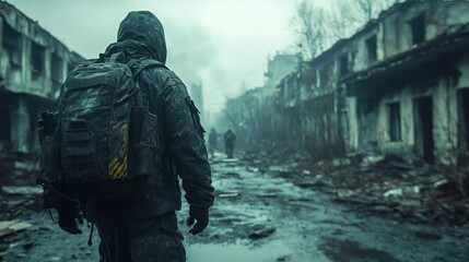 Lone Soldier Walking Through War-Torn City Ruins